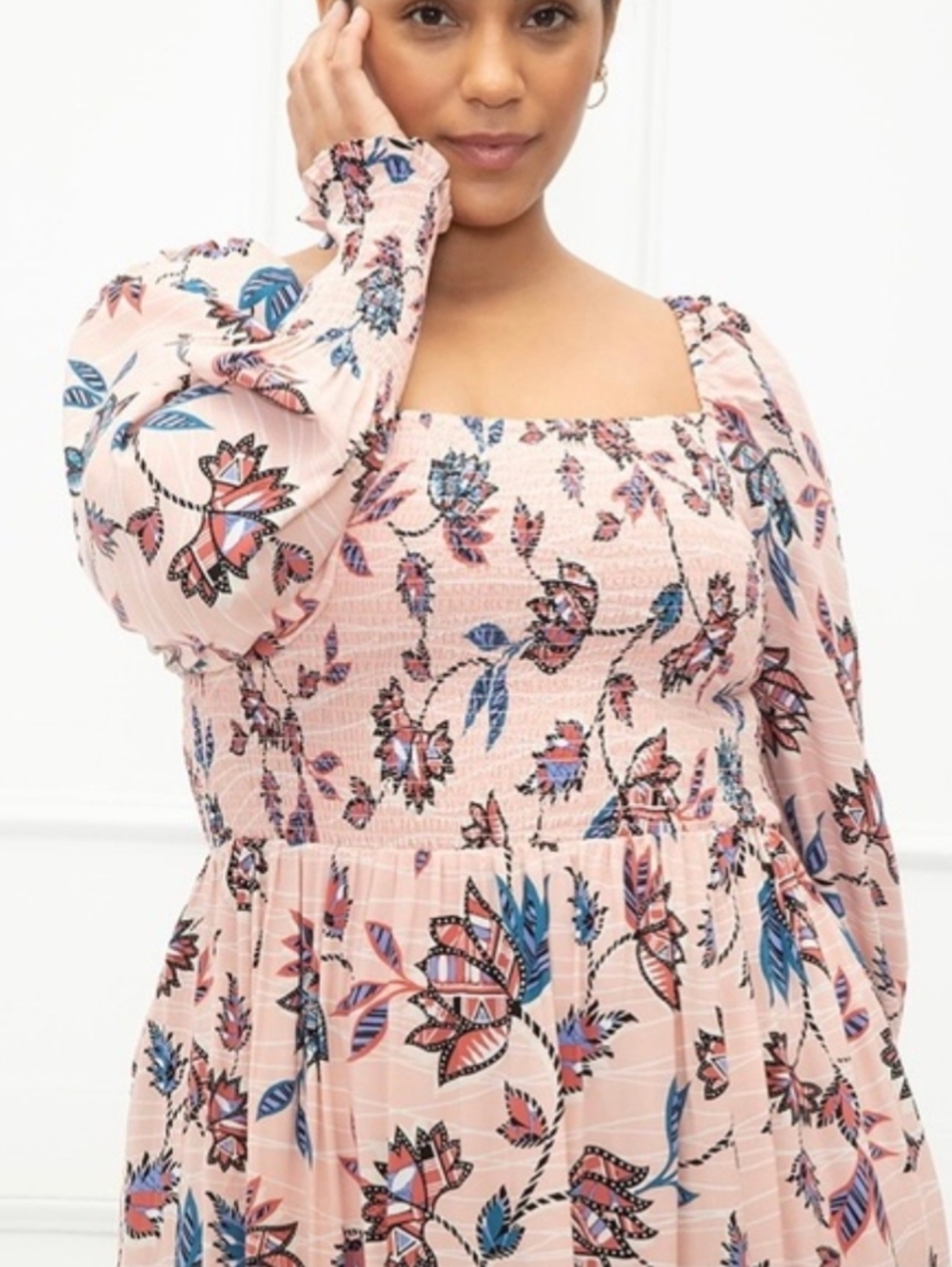 NWT Eloquii Pick Floral Smocked Bodice Long Sleeve Midi Dress 22 24 3X